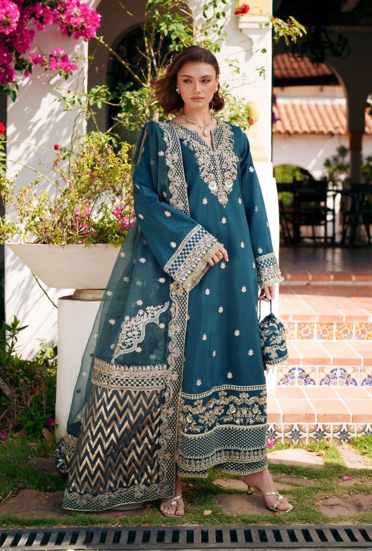 Inayat | Meharma Luxury Pret 26 | HAYA-Brand:Inayat-Type:Ladies Clothes-Deep Teal-Raw Silk-House of Maryam- Buy in UK, USA
