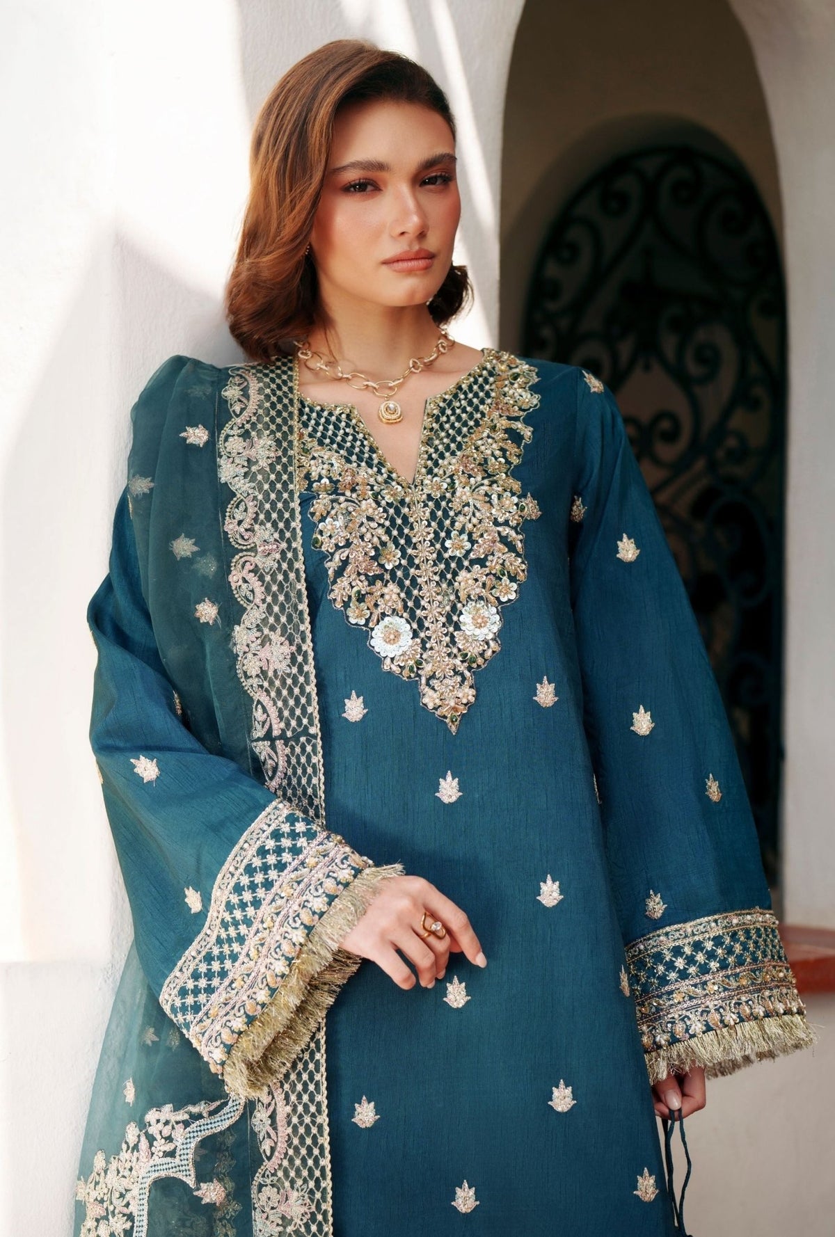 Inayat | Meharma Luxury Pret 26 | HAYA-Brand:Inayat-Type:Ladies Clothes-Deep Teal-Raw Silk-House of Maryam- Buy in UK, USA