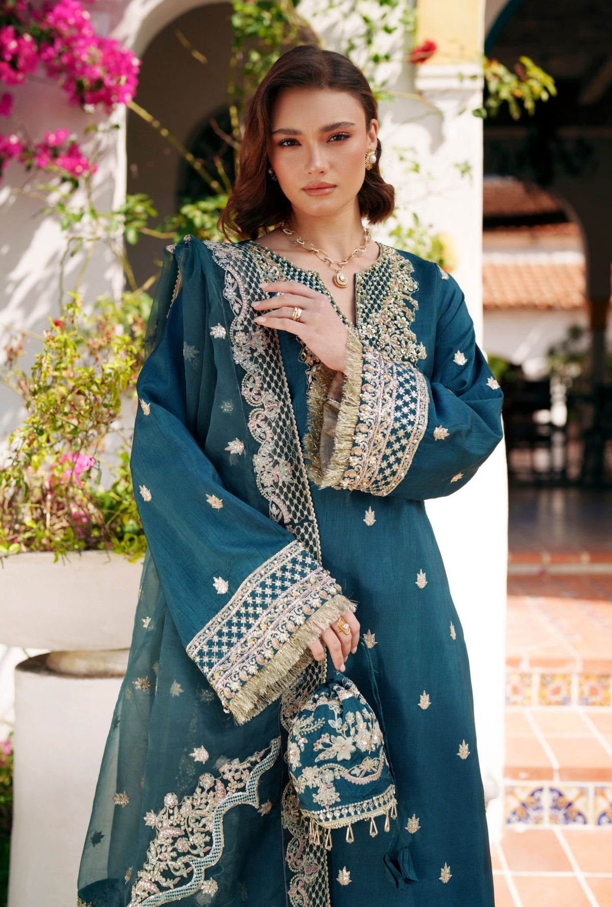 Inayat | Meharma Luxury Pret 26 | HAYA-Brand:Inayat-Type:Ladies Clothes-Deep Teal-Raw Silk-House of Maryam- Buy in UK, USA