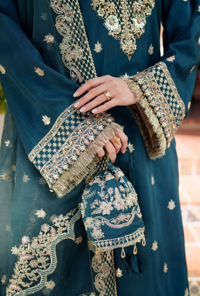 Inayat | Meharma Luxury Pret 26 | HAYA-Brand:Inayat-Type:Ladies Clothes-Deep Teal-Raw Silk-House of Maryam- Buy in UK, USA