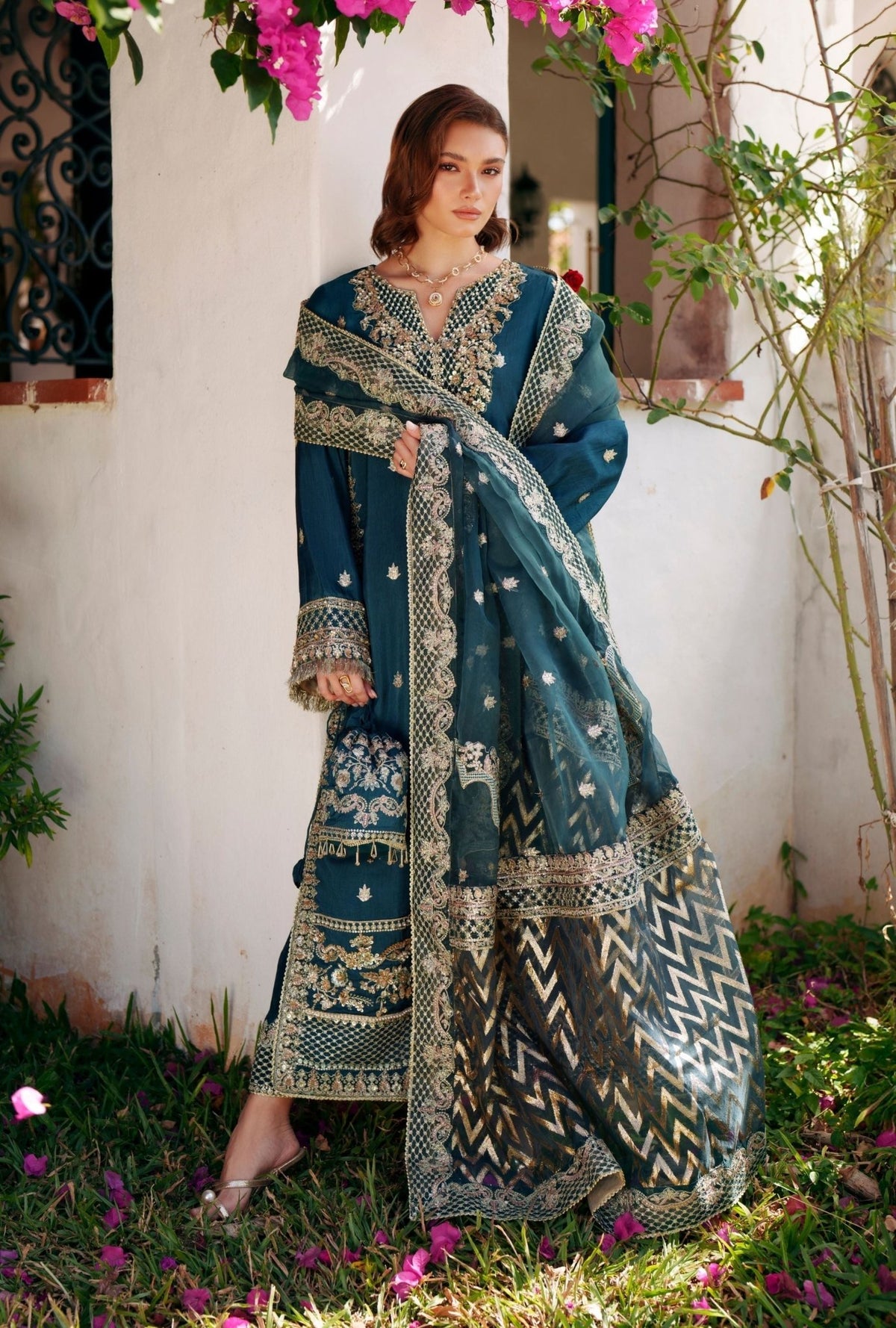 Inayat | Meharma Luxury Pret 26 | HAYA-Brand:Inayat-Type:Ladies Clothes-Deep Teal-Raw Silk-House of Maryam- Buy in UK, USA