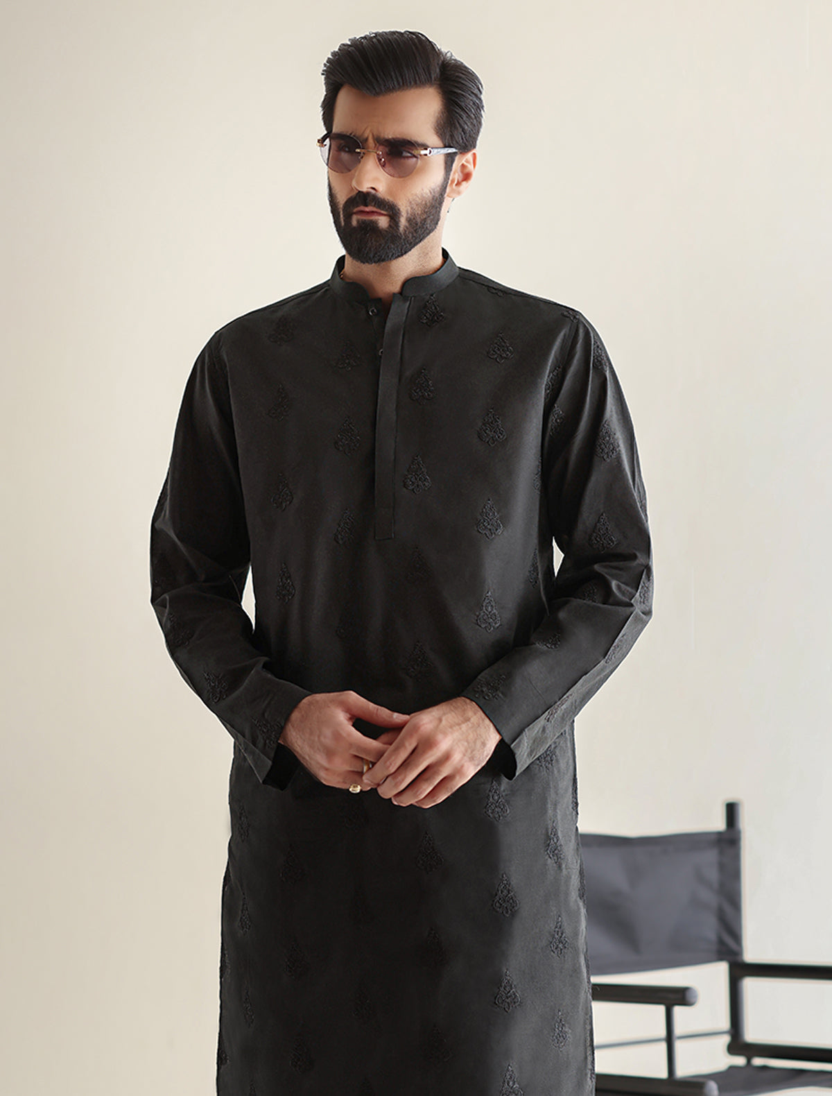 Pakistani Menswear | Ismail Farid - BLACK EMBROIDERED KURTA by Designer House of Maryam Ltd. - House of Maryam - Pakistani Designer Ethnic Wear in {{ shop.shopifyCountryName }}