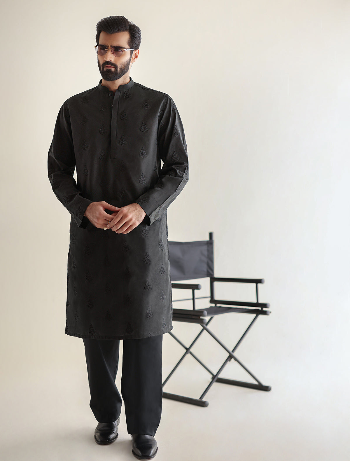 Pakistani Menswear | Ismail Farid - BLACK EMBROIDERED KURTA by Designer House of Maryam Ltd. - House of Maryam - Pakistani Designer Ethnic Wear in {{ shop.shopifyCountryName }}