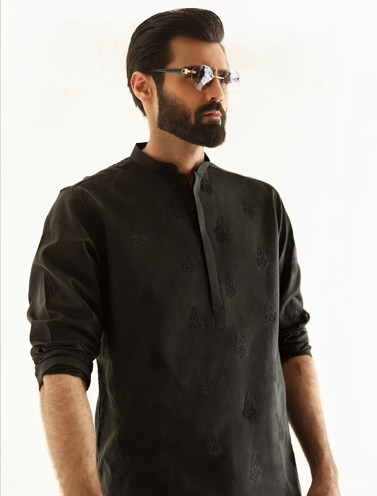 Pakistani Menswear | Ismail Farid - BLACK EMBROIDERED KURTA by Designer House of Maryam Ltd. - House of Maryam - Pakistani Designer Ethnic Wear in {{ shop.shopifyCountryName }}