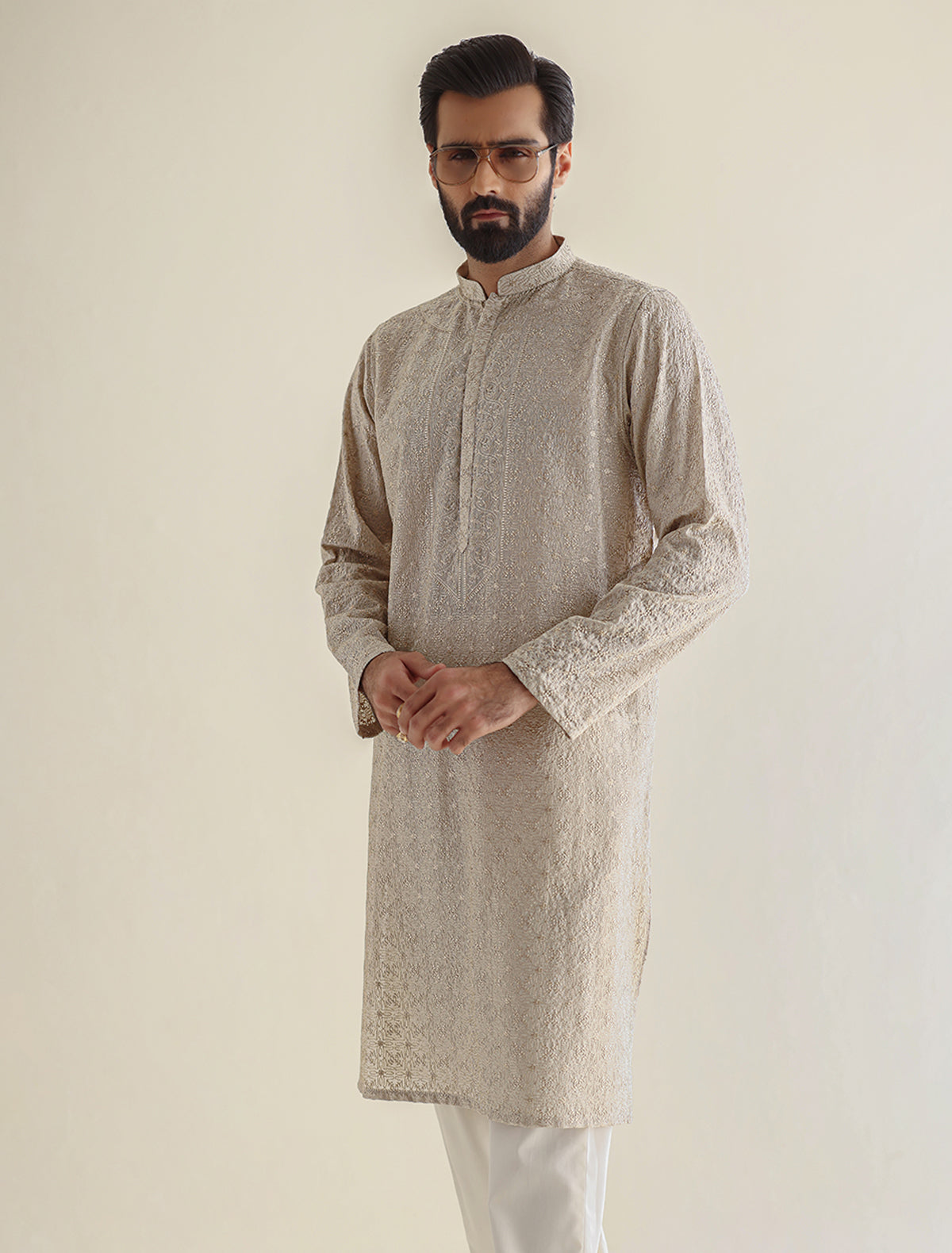 Pakistani Menswear | Ismail Farid - BEIGE HEAVY EMBROIDERED KURTA by Designer House of Maryam Ltd. - House of Maryam - Pakistani Designer Ethnic Wear in {{ shop.shopifyCountryName }}