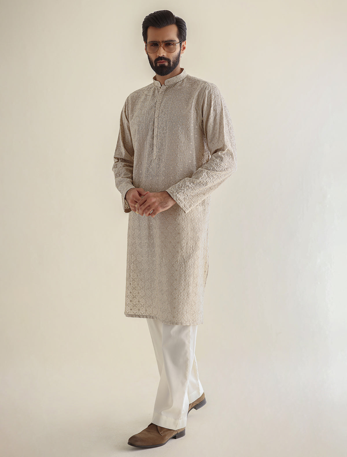 Pakistani Menswear | Ismail Farid - BEIGE HEAVY EMBROIDERED KURTA by Designer House of Maryam Ltd. - House of Maryam - Pakistani Designer Ethnic Wear in {{ shop.shopifyCountryName }}