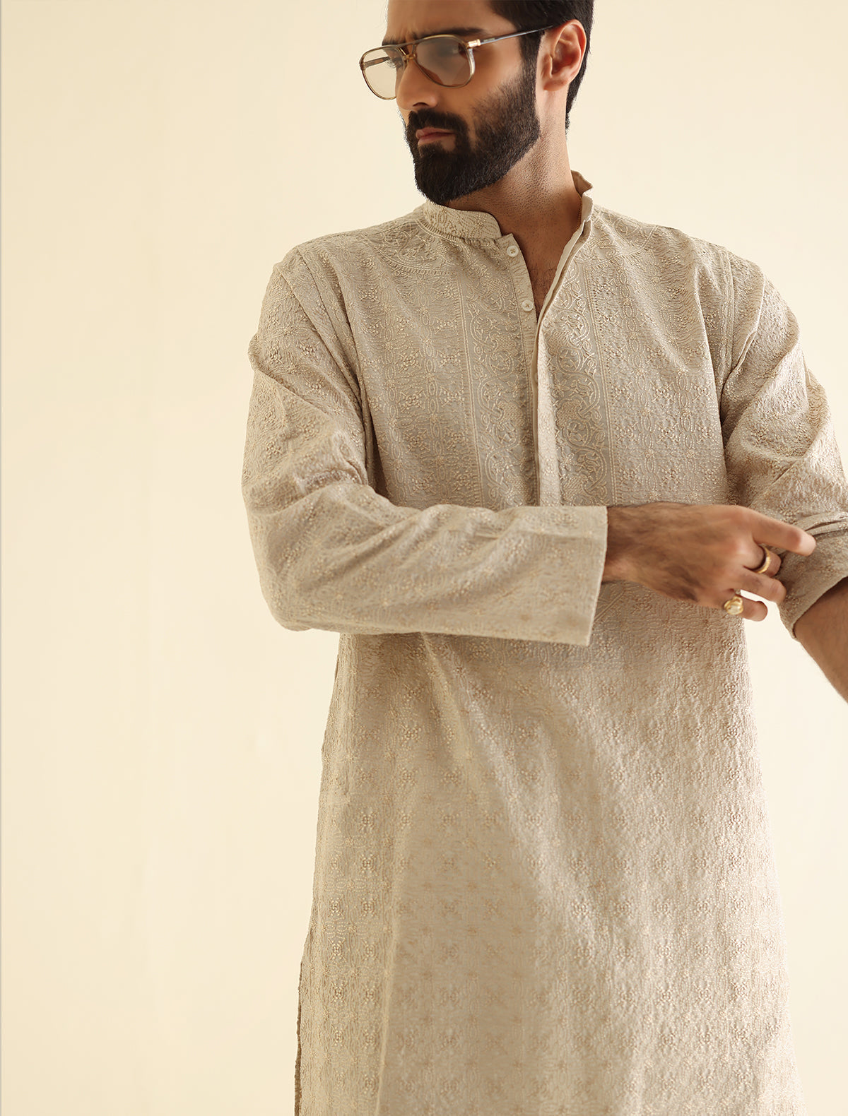 Pakistani Menswear | Ismail Farid - BEIGE HEAVY EMBROIDERED KURTA by Designer House of Maryam Ltd. - House of Maryam - Pakistani Designer Ethnic Wear in {{ shop.shopifyCountryName }}