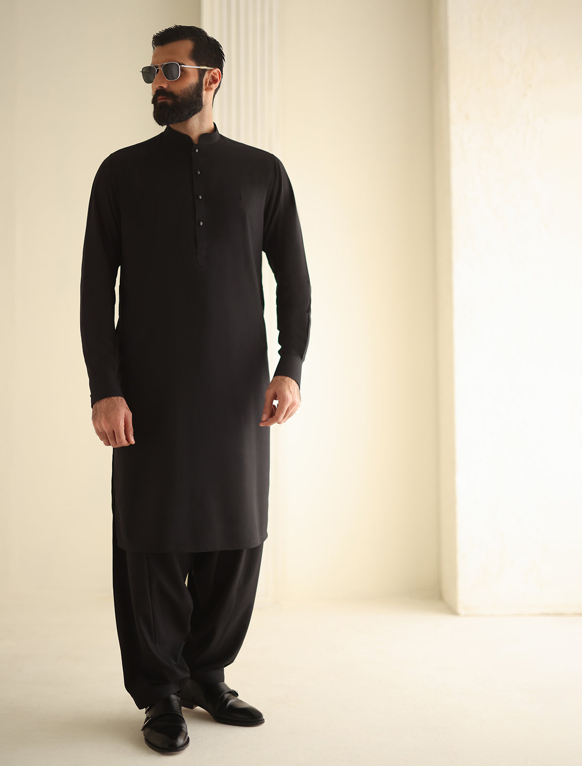 Pakistani Menswear | Ismail Farid - BLACK MANDARIN COLLAR KAMEEZ SHALWAR by Designer House of Maryam Ltd. - House of Maryam - Pakistani Designer Ethnic Wear in {{ shop.shopifyCountryName }}