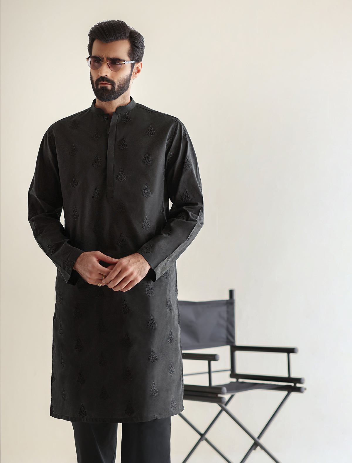 Pakistani Menswear | Ismail Farid - BLACK EMBROIDERED KURTA by Designer House of Maryam Ltd. - House of Maryam - Pakistani Designer Ethnic Wear in {{ shop.shopifyCountryName }}