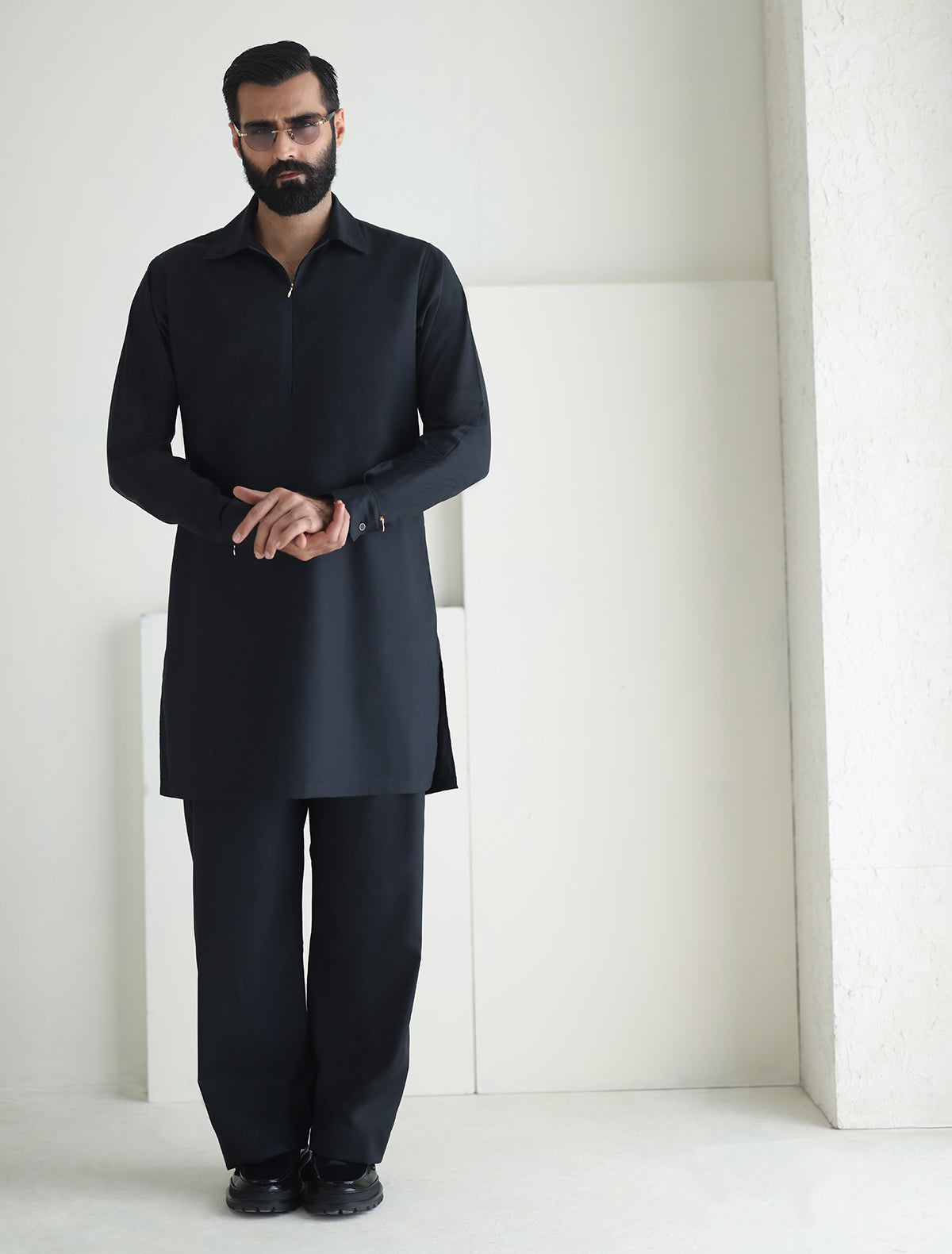 Pakistani Menswear | Ismail Farid - BLACK DESIGNER KURTA PAJAMA by Designer House of Maryam Ltd. - House of Maryam - Pakistani Designer Ethnic Wear in {{ shop.shopifyCountryName }}