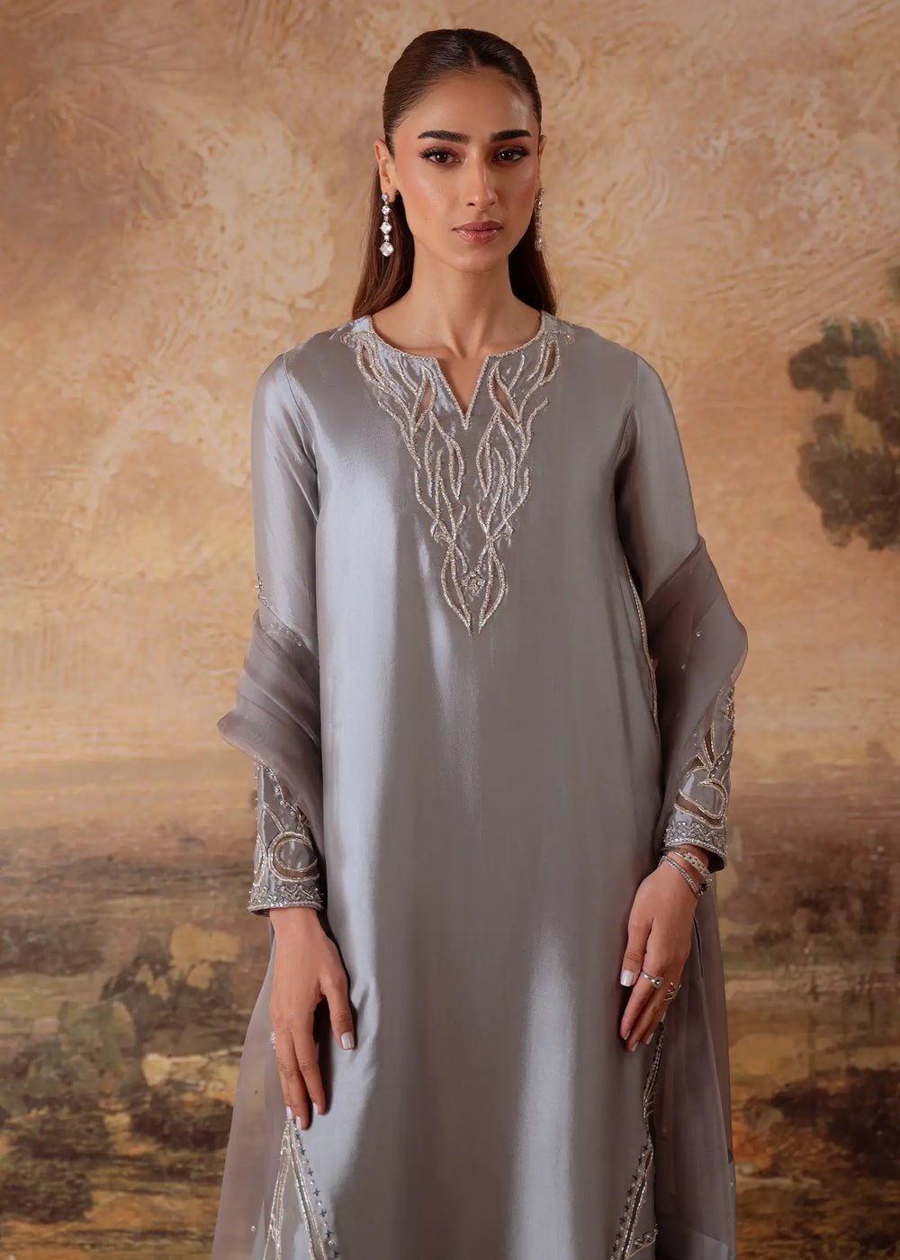 Jeem | Signature Edit 26 | JADE GREY-Brand:Jeem-Type:Ladies Clothes-Silver Gray-Sheesha Silk-House of Maryam- Buy in UK, USA