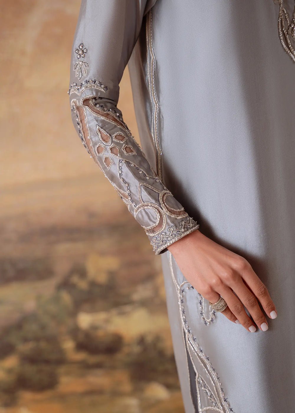Jeem | Signature Edit 26 | JADE GREY-Brand:Jeem-Type:Ladies Clothes-Silver Gray-Sheesha Silk-House of Maryam- Buy in UK, USA