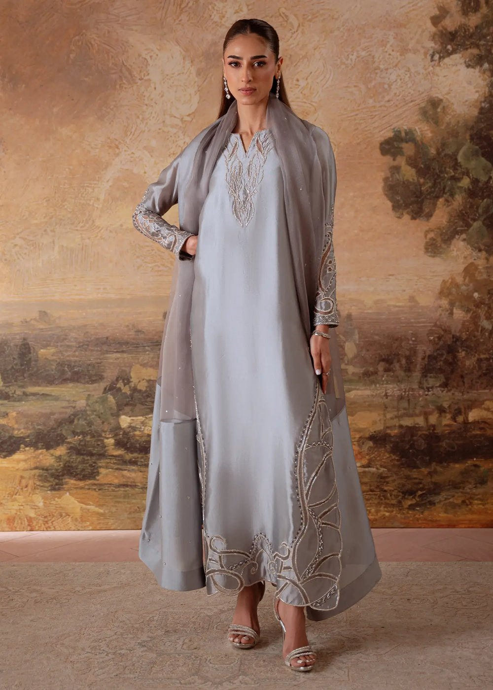 Jeem | Signature Edit 26 | JADE GREY-Brand:Jeem-Type:Ladies Clothes-Silver Gray-Sheesha Silk-House of Maryam- Buy in UK, USA