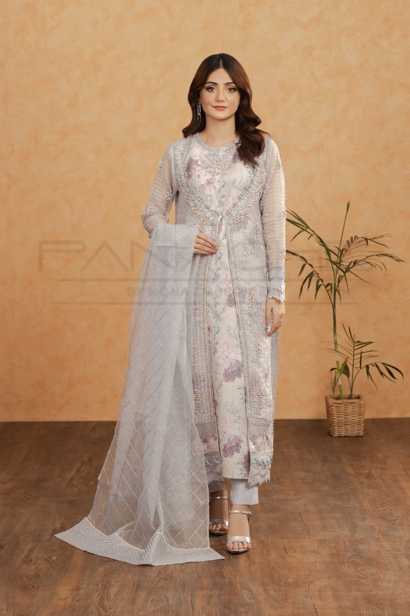 Panache | Pret | Gray Flora -  Panache By Mona  - Original Designer Dress - House of Maryam