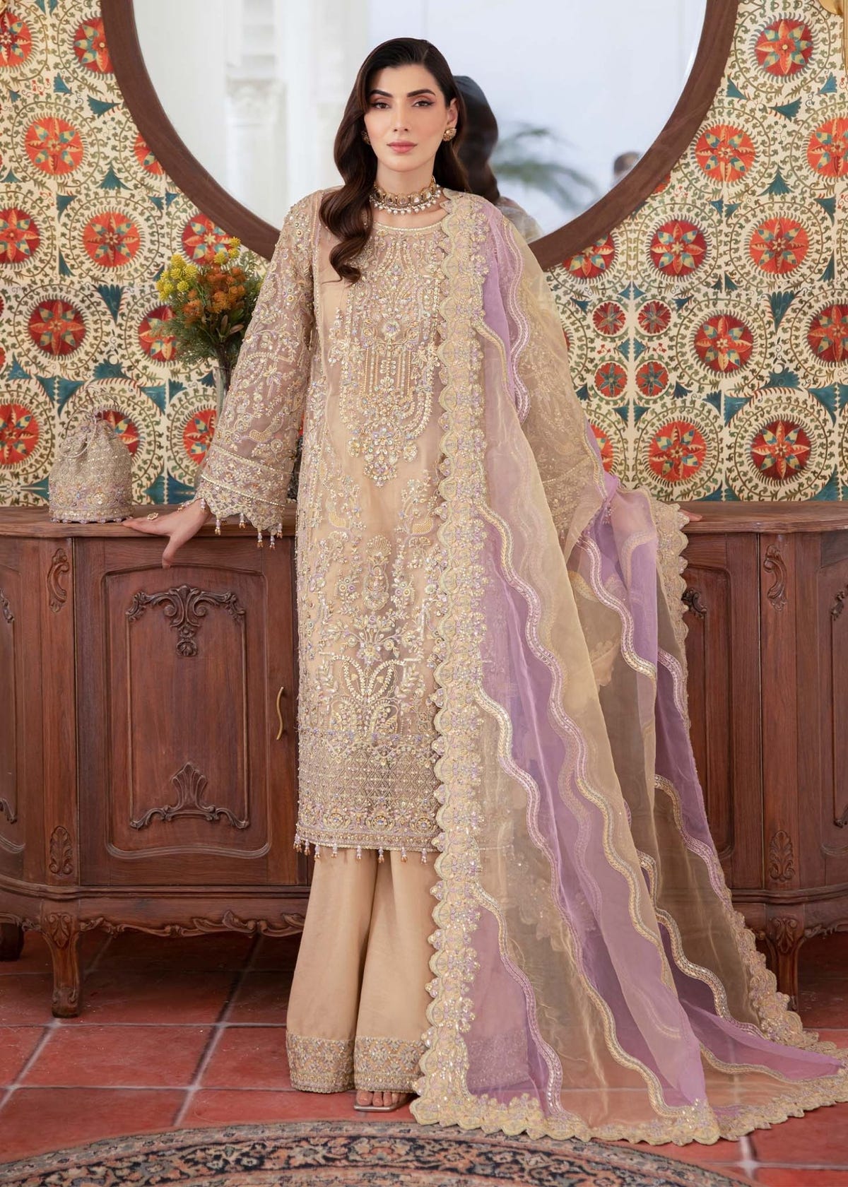 Kanwal Malik | Mirha Eid Luxury Pret 25 | Mahin-Brand:Kanwal Malik-Type:Ladies Clothes-Beige-Lawn-House of Maryam- Buy in UK, USA