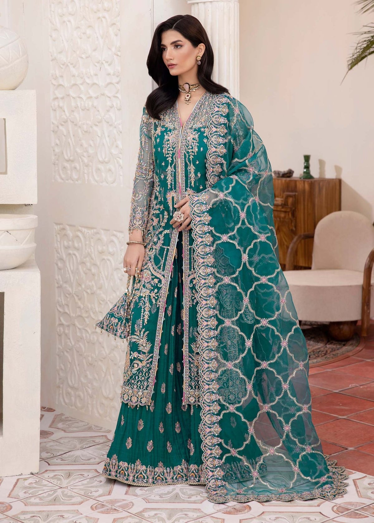 Kanwal Malik | Mirha Eid Luxury Pret 25 | Maya-Brand:Kanwal Malik-Type:Ladies Clothes-Teal-Synthetic Organza-House of Maryam- Buy in UK, USA