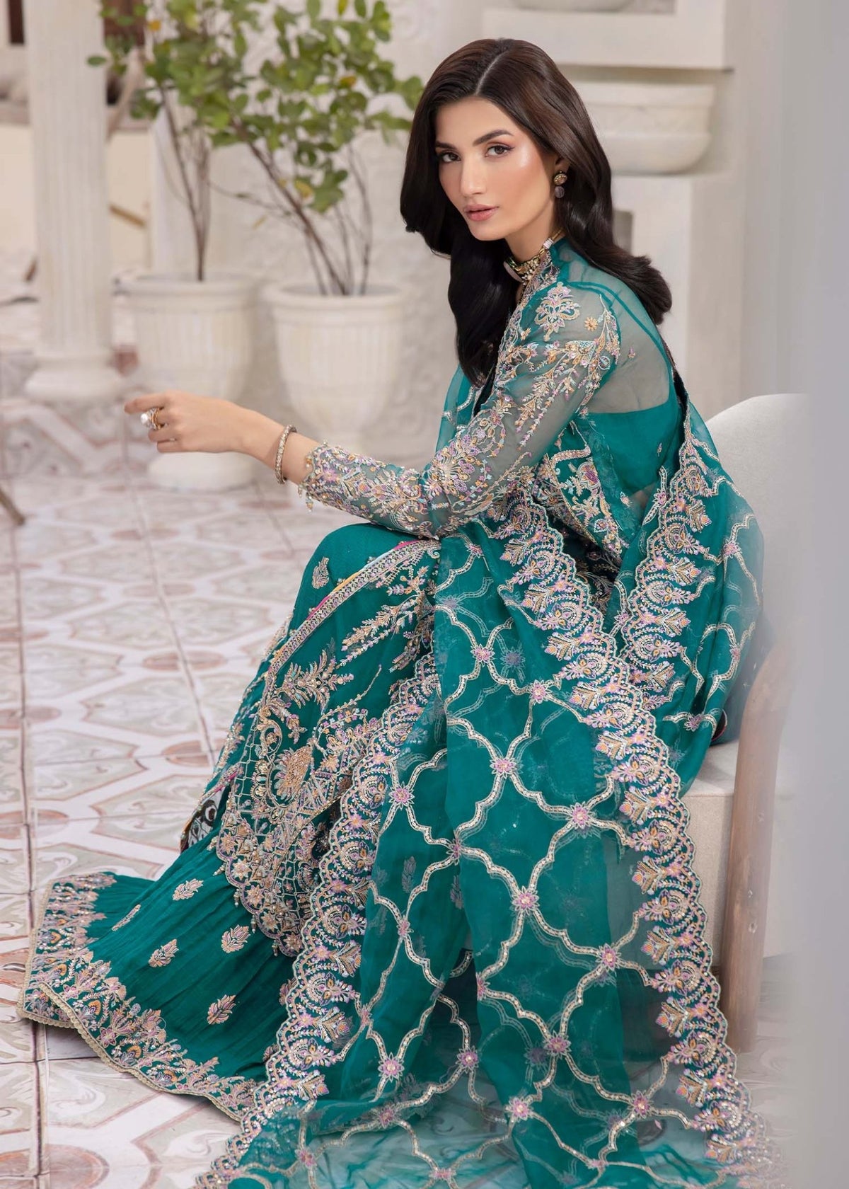 Kanwal Malik | Mirha Eid Luxury Pret 25 | Maya-Brand:Kanwal Malik-Type:Ladies Clothes-Teal-Synthetic Organza-House of Maryam- Buy in UK, USA