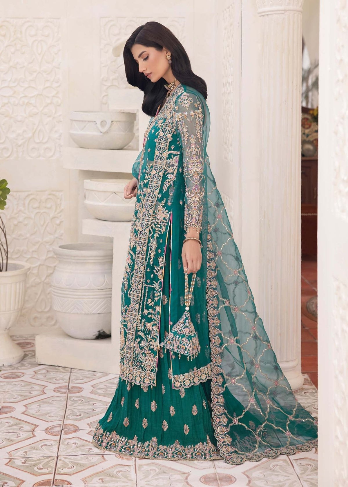 Kanwal Malik | Mirha Eid Luxury Pret 25 | Maya-Brand:Kanwal Malik-Type:Ladies Clothes-Teal-Synthetic Organza-House of Maryam- Buy in UK, USA