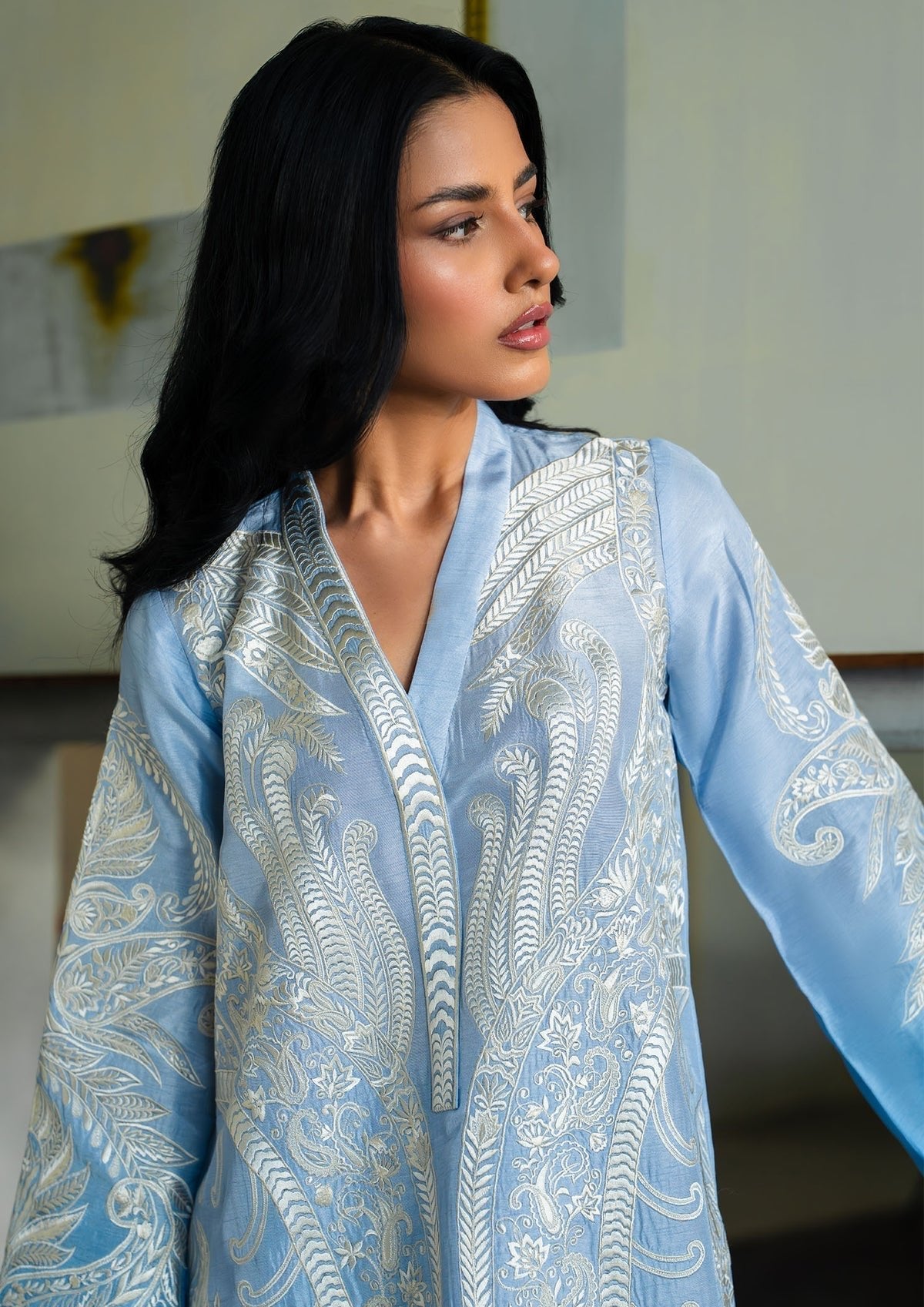 Mahgul | Mahsa Formals | Sky Whisper-Brand:Mahgul-Type:Ladies Clothes-Denium Blue-Silk-House of Maryam- Buy in UK, USA