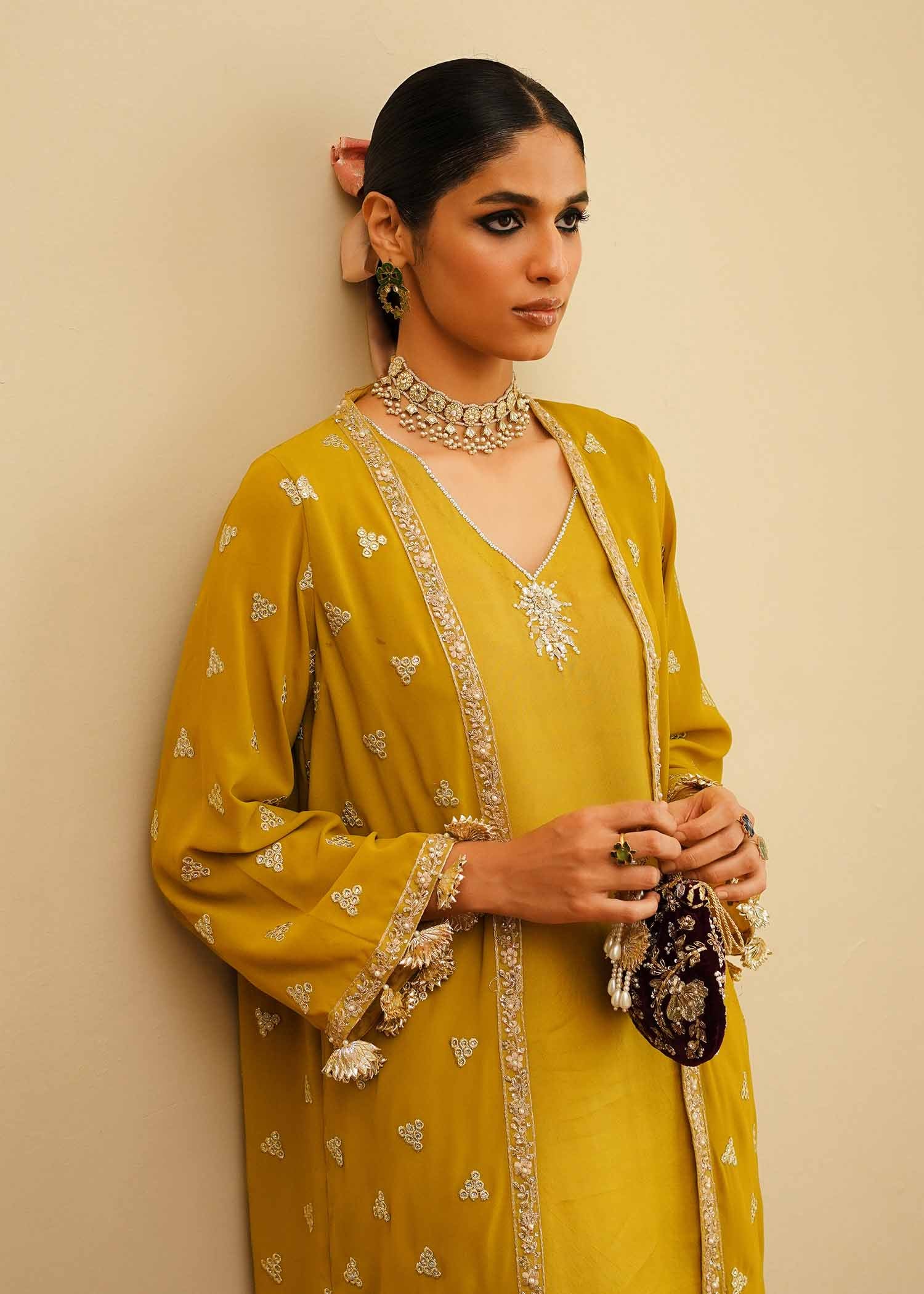 Mahgul | Eid Edit 2024 | Mustard Shine by Designer Mahgul - House of Maryam - Pakistani Designer Ethnic Wear in {{ shop.shopifyCountryName }}