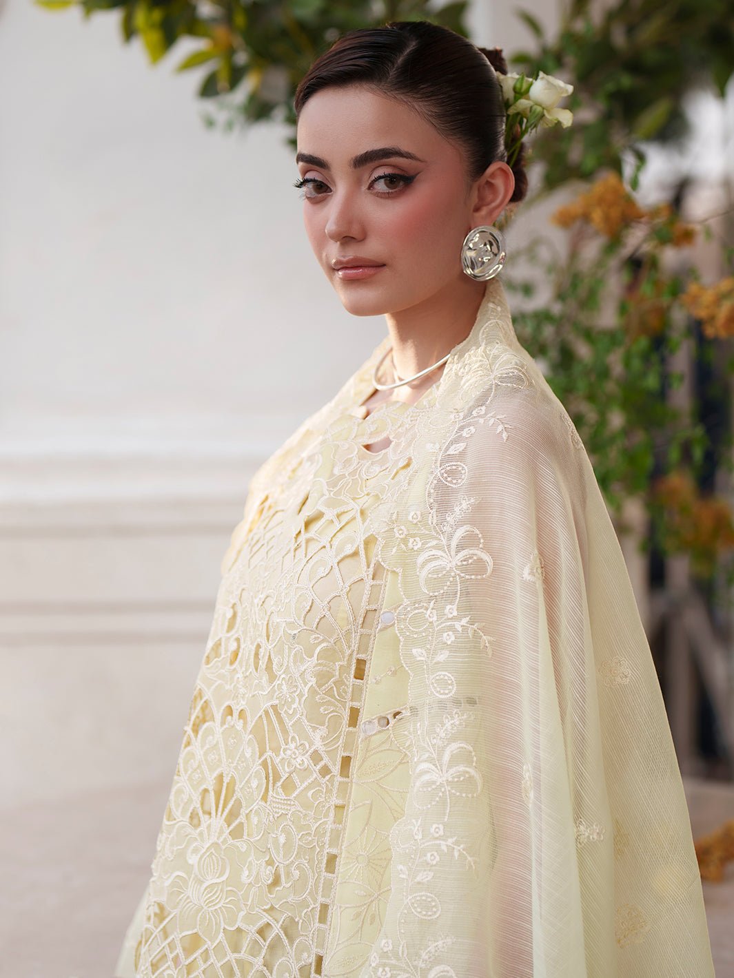 Mahnur | Nilofer Luxury Lawn 26 | NL-07-Brand:Mahnur-Type:Ladies Clothes-Pale Yellow-Lawn-House of Maryam- Buy in UK, USA