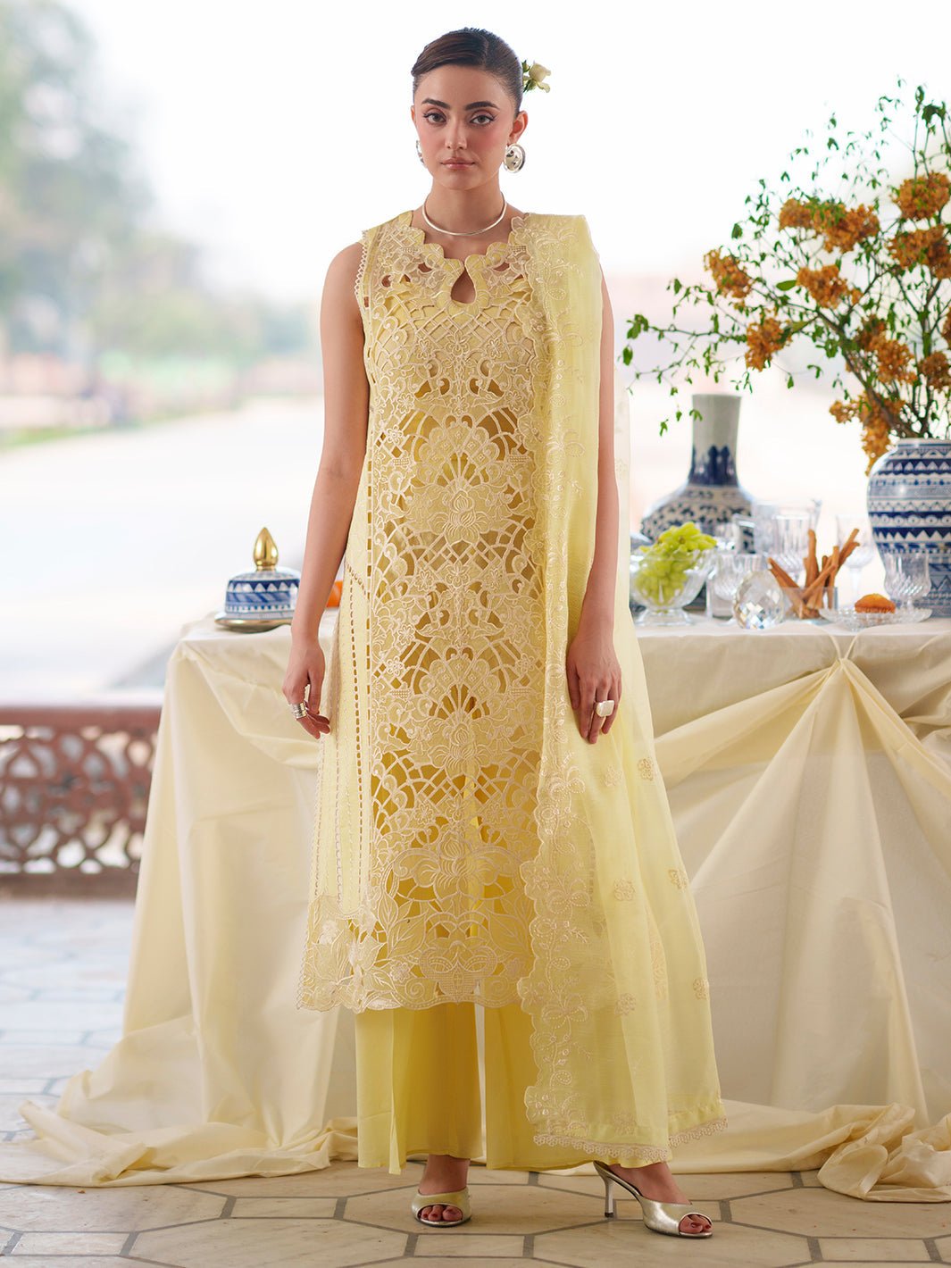 Mahnur | Nilofer Luxury Lawn 26 | NL-07-Brand:Mahnur-Type:Ladies Clothes-Pale Yellow-Lawn-House of Maryam- Buy in UK, USA