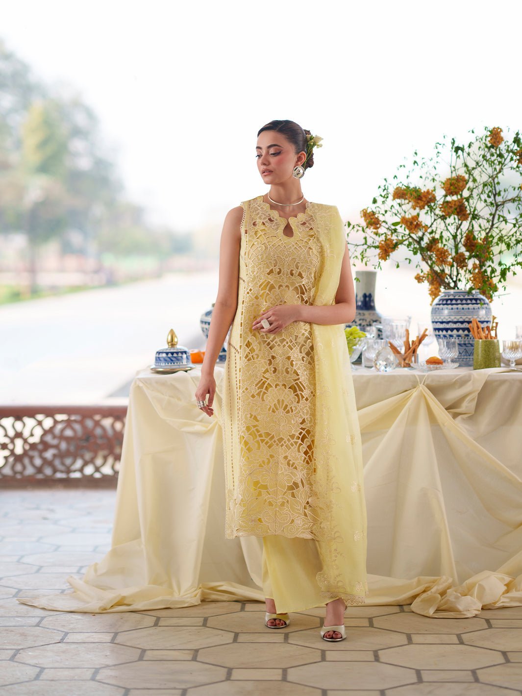 Mahnur | Nilofer Luxury Lawn 26 | NL-07-Brand:Mahnur-Type:Ladies Clothes-Pale Yellow-Lawn-House of Maryam- Buy in UK, USA