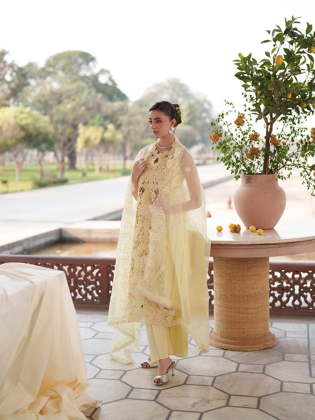 Mahnur | Nilofer Luxury Lawn 26 | NL-07-Brand:Mahnur-Type:Ladies Clothes-Pale Yellow-Lawn-House of Maryam- Buy in UK, USA