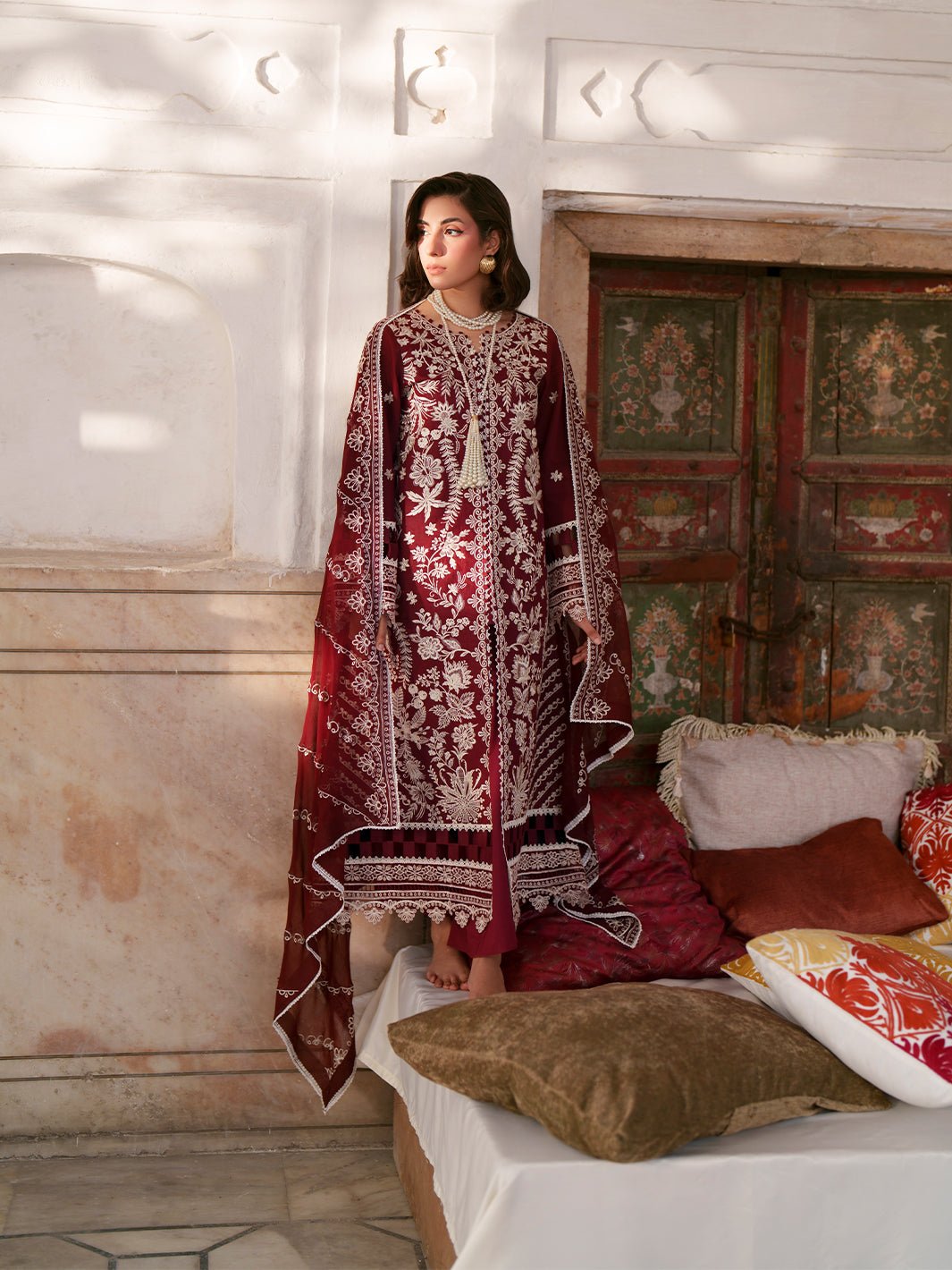 Mahnur | Nilofer Luxury Lawn 26 | NL-08-Brand:Mahnur-Type:Ladies Clothes-Maroon-Lawn-House of Maryam- Buy in UK, USA