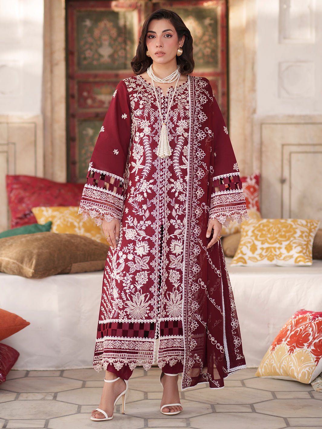 Mahnur | Nilofer Luxury Lawn 26 | NL-08-Brand:Mahnur-Type:Ladies Clothes-Maroon-Lawn-House of Maryam- Buy in UK, USA