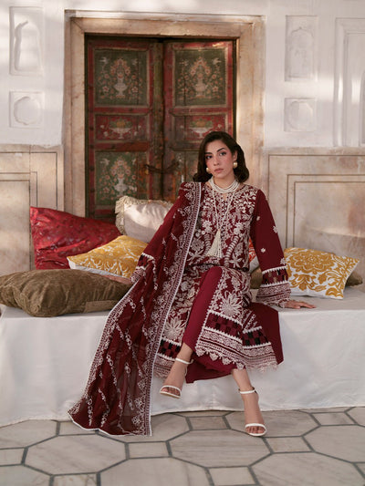 Mahnur | Nilofer Luxury Lawn 26 | NL-08-Brand:Mahnur-Type:Ladies Clothes-Maroon-Lawn-House of Maryam- Buy in UK, USA