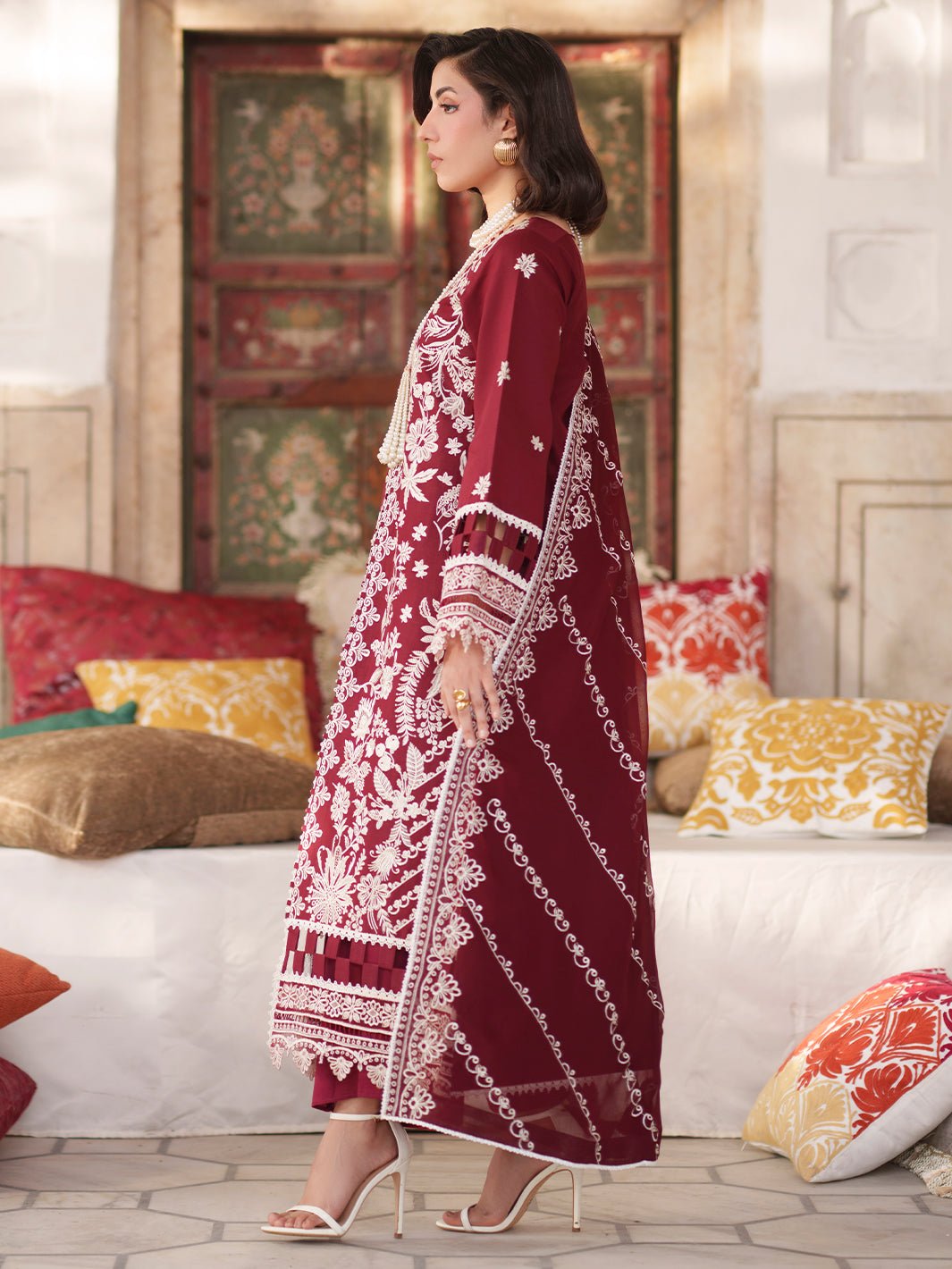 Mahnur | Nilofer Luxury Lawn 26 | NL-08-Brand:Mahnur-Type:Ladies Clothes-Maroon-Lawn-House of Maryam- Buy in UK, USA
