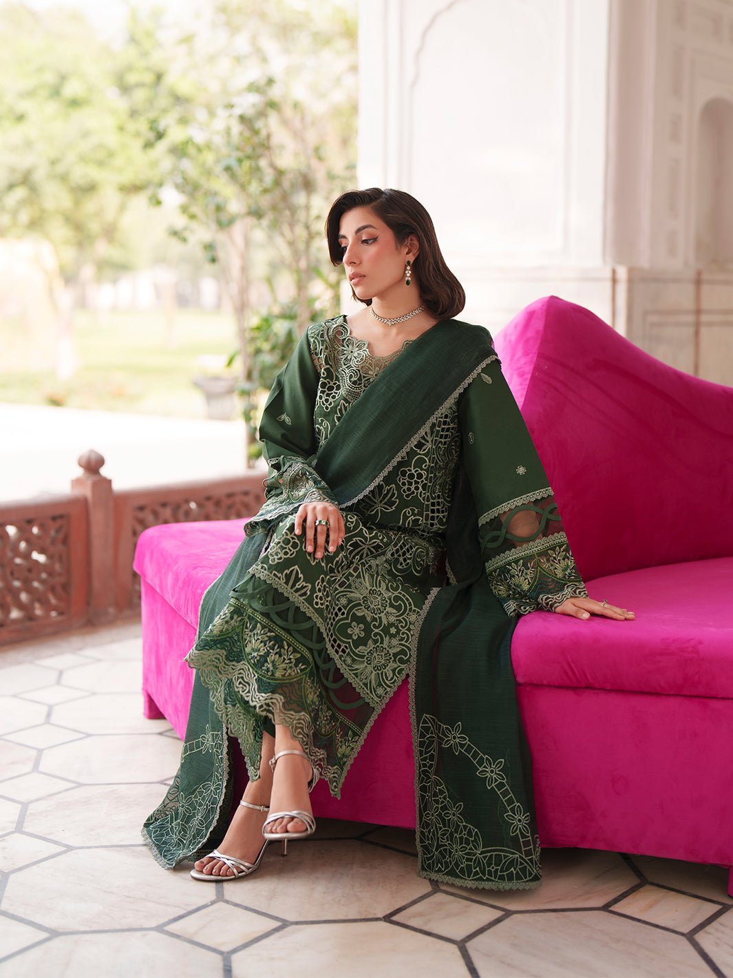 Mahnur | Nilofer Luxury Lawn 26 | NL-09-Brand:Mahnur-Type:Ladies Clothes-Bottle Green-Lawn-House of Maryam- Buy in UK, USA