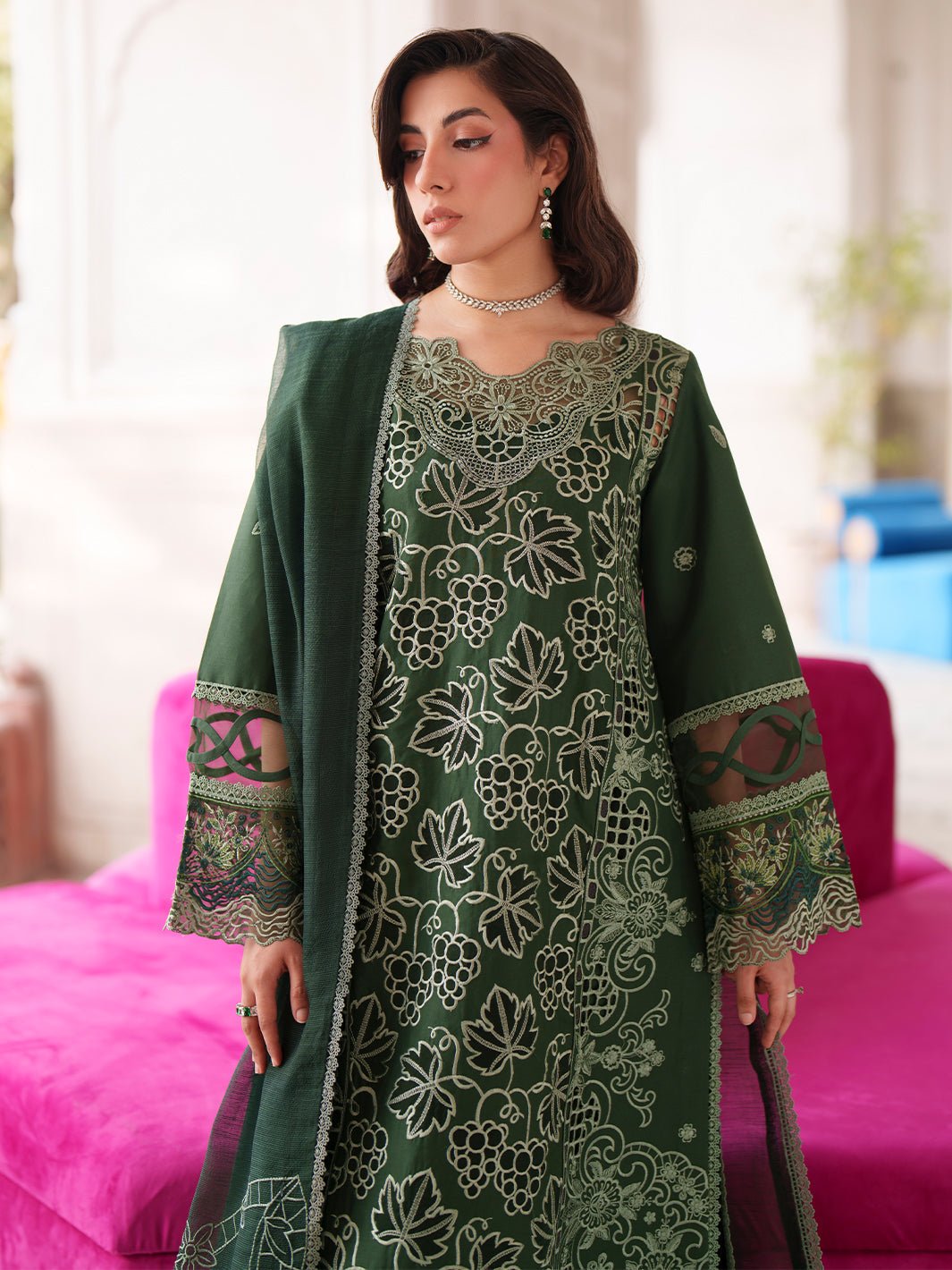 Mahnur | Nilofer Luxury Lawn 26 | NL-09-Brand:Mahnur-Type:Ladies Clothes-Bottle Green-Lawn-House of Maryam- Buy in UK, USA