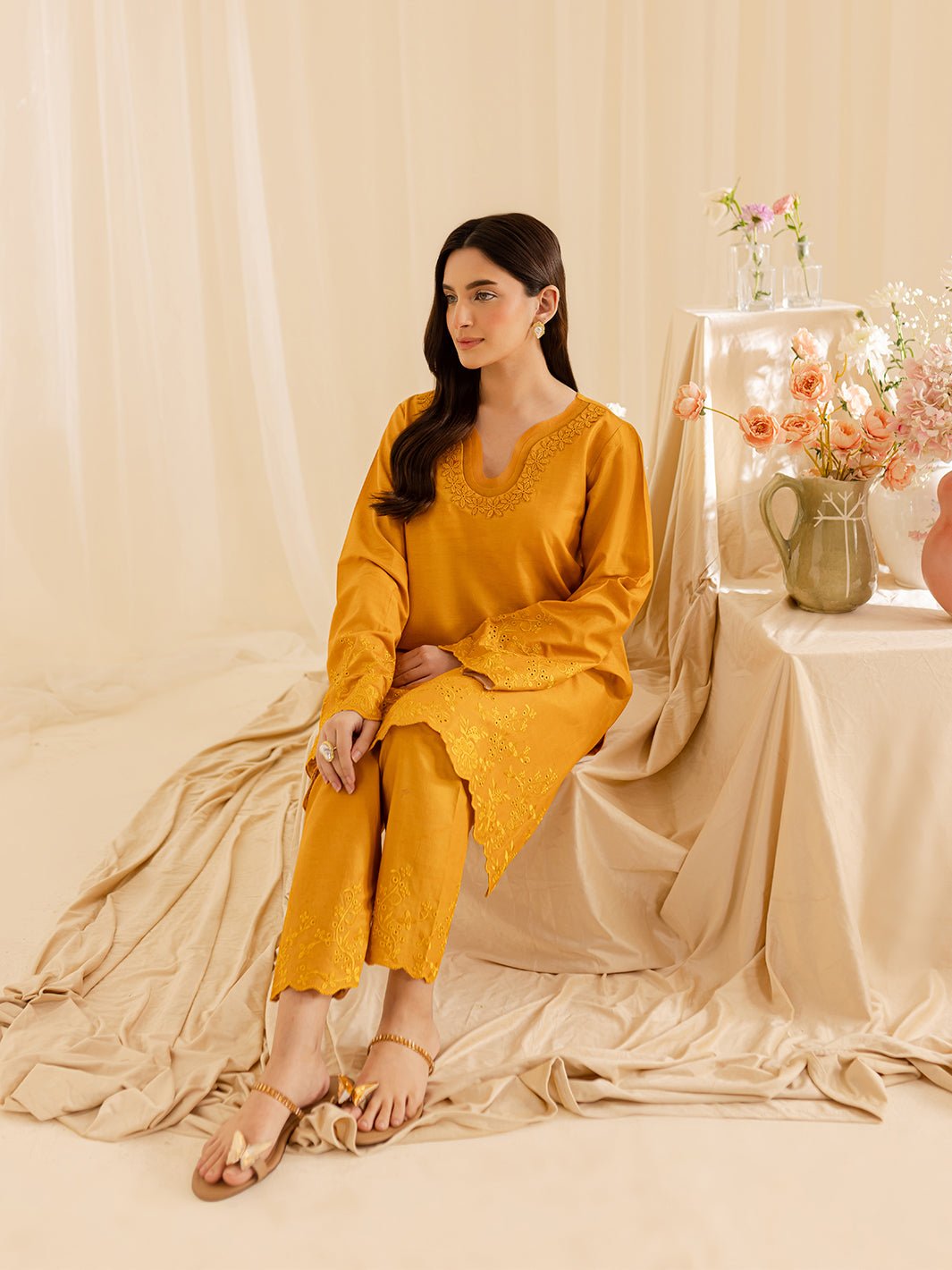 Mahnur | Petal Whispers Lawn Pret | Magnolia-Brand:Mahnur-Type:Ladies Clothes-Mustard Yellow-Lawn-House of Maryam- Buy in UK, USA