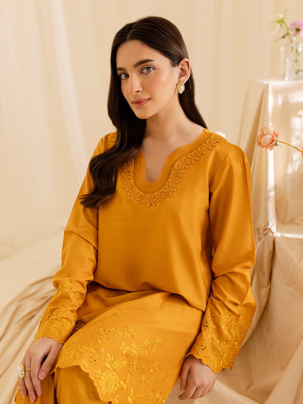 Mahnur | Petal Whispers Lawn Pret | Magnolia-Brand:Mahnur-Type:Ladies Clothes-Mustard Yellow-Lawn-House of Maryam- Buy in UK, USA