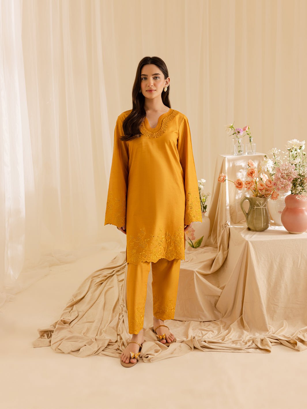 Mahnur | Petal Whispers Lawn Pret | Magnolia-Brand:Mahnur-Type:Ladies Clothes-Mustard Yellow-Lawn-House of Maryam- Buy in UK, USA