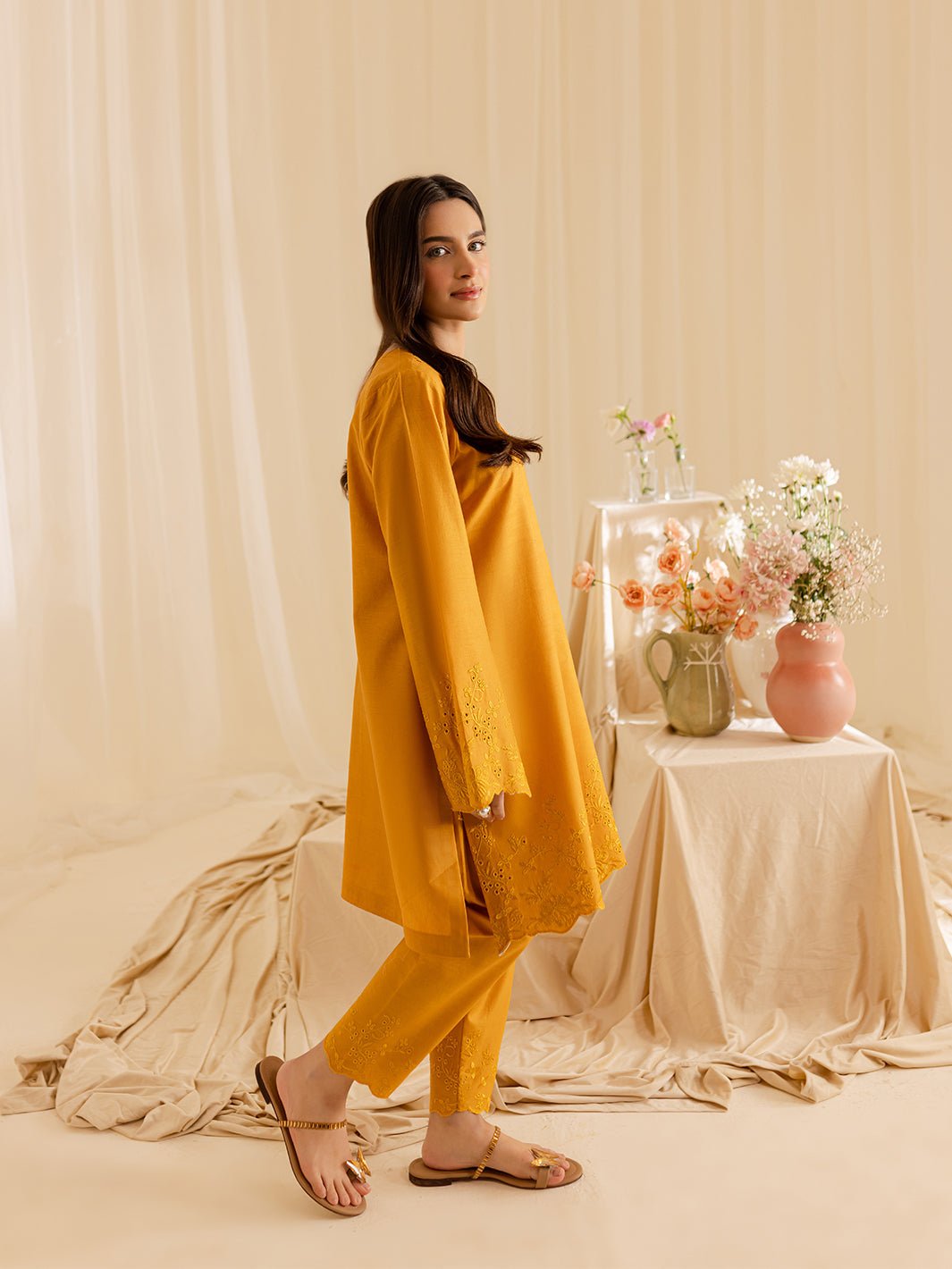 Mahnur | Petal Whispers Lawn Pret | Magnolia-Brand:Mahnur-Type:Ladies Clothes-Mustard Yellow-Lawn-House of Maryam- Buy in UK, USA