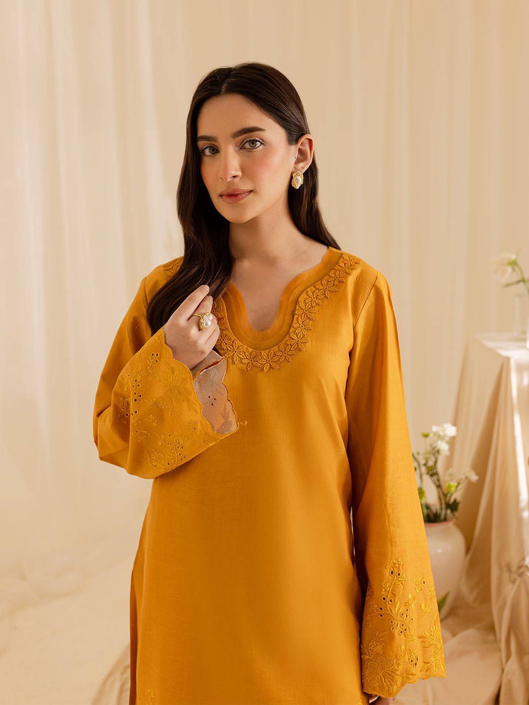 Mahnur | Petal Whispers Lawn Pret | Magnolia-Brand:Mahnur-Type:Ladies Clothes-Mustard Yellow-Lawn-House of Maryam- Buy in UK, USA