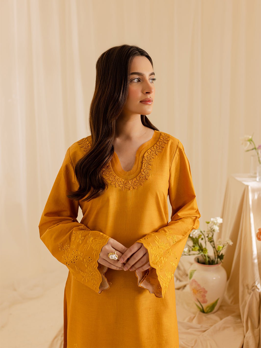 Mahnur | Petal Whispers Lawn Pret | Magnolia-Brand:Mahnur-Type:Ladies Clothes-Mustard Yellow-Lawn-House of Maryam- Buy in UK, USA