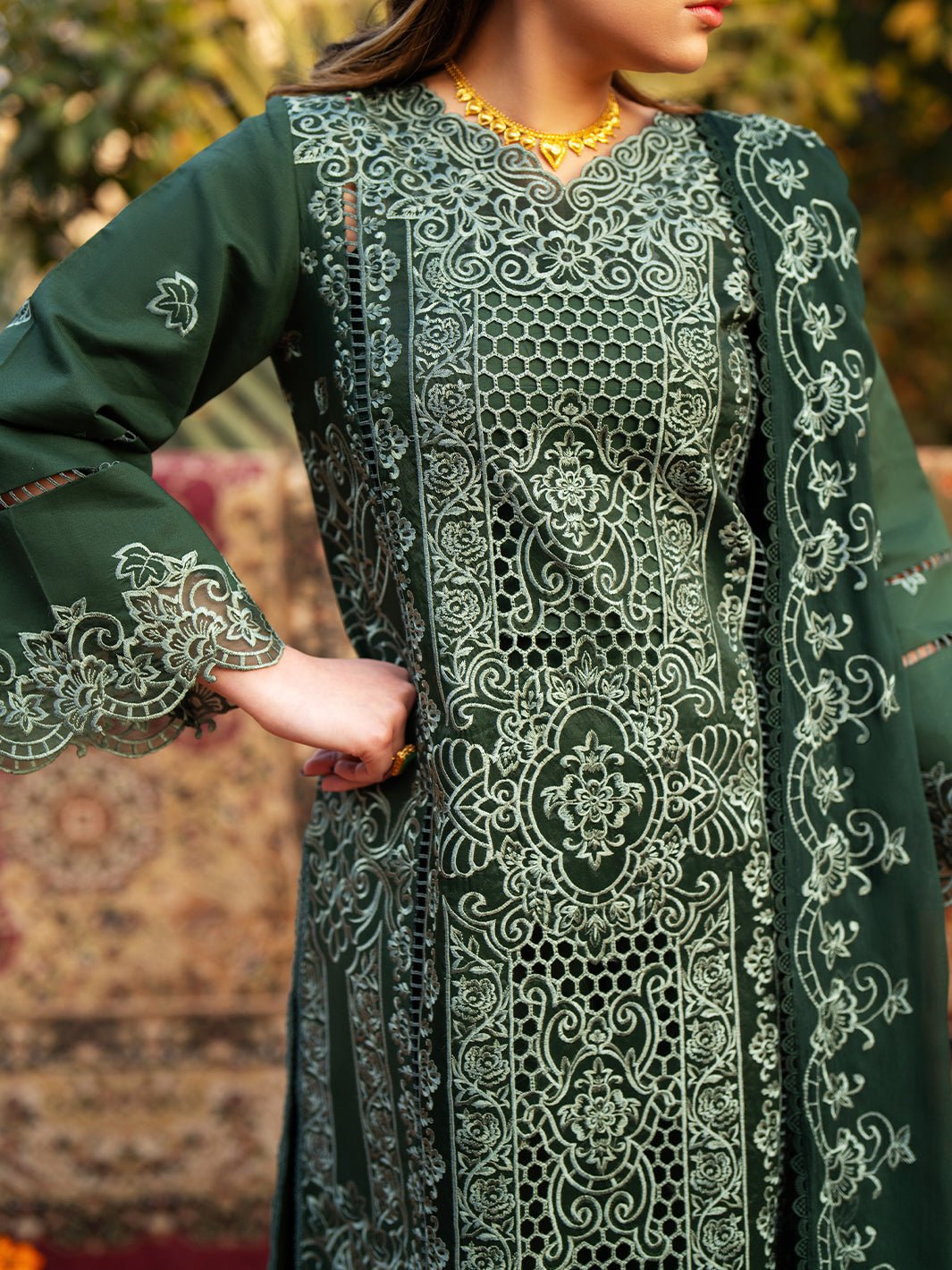 Mahnur | Satrangi Lawn 26 | ST-08-Brand:Mahnur-Type:Ladies Clothes-Olive Green-Lawn-House of Maryam- Buy in UK, USA