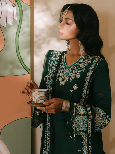 Mahnur | Shanaya Luxury Lawn 25 | Siyahgul-Brand:Mahnur-Type:Ladies Clothes-Bottle Green-Lawn-House of Maryam- Buy in UK, USA