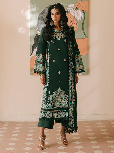Mahnur | Shanaya Luxury Lawn 25 | Siyahgul-Brand:Mahnur-Type:Ladies Clothes-Bottle Green-Lawn-House of Maryam- Buy in UK, USA