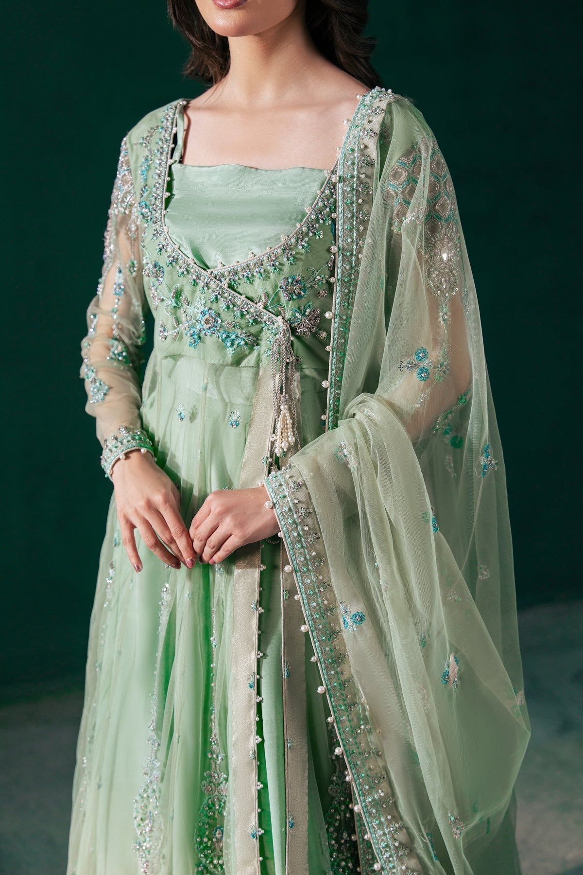 Malook | Rashq e Qamar | Feroza-Brand:Malook-Type:Ladies Clothes-Mint Green-Net-House of Maryam- Buy in UK, USA