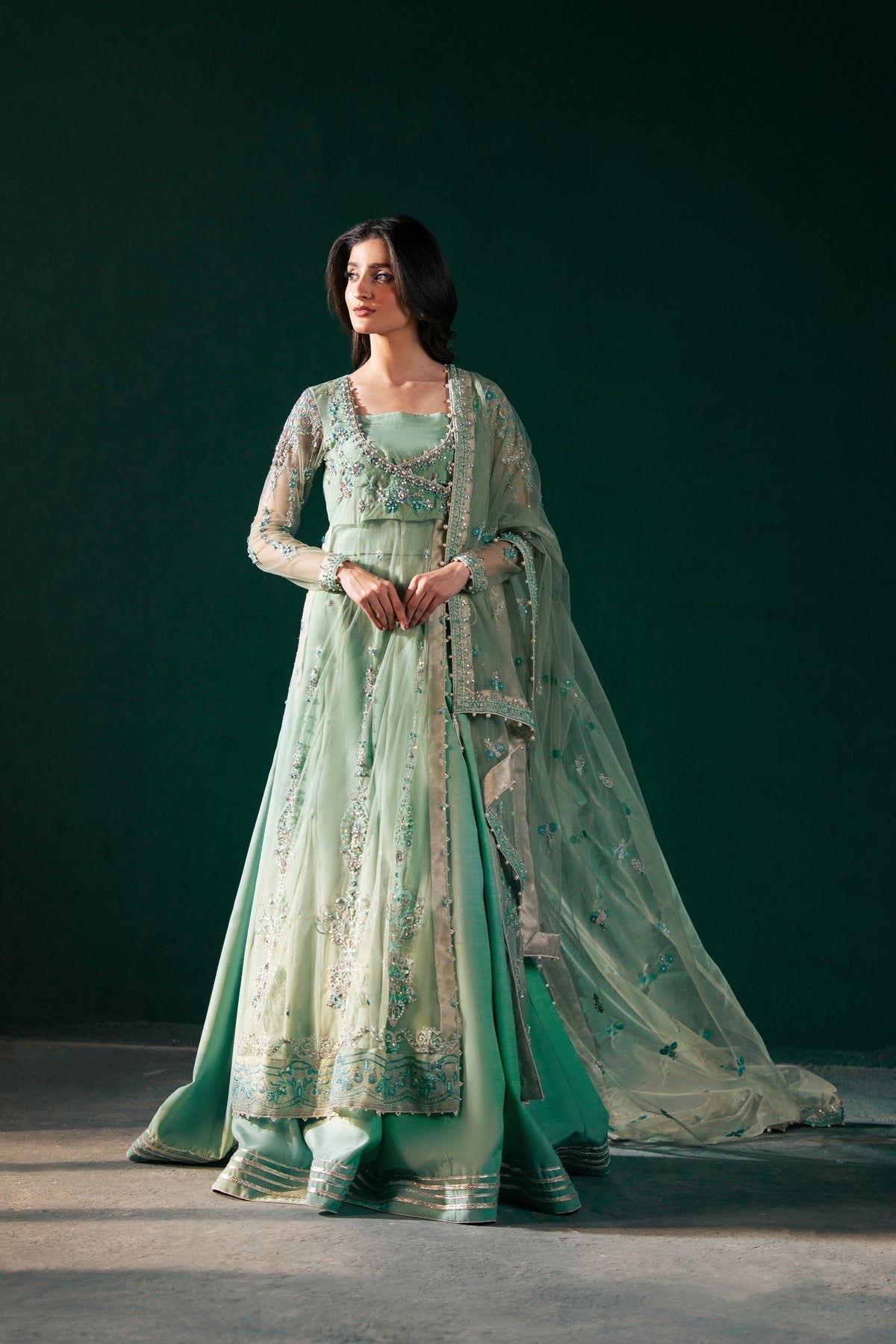 Malook | Rashq e Qamar | Feroza-Brand:Malook-Type:Ladies Clothes-Mint Green-Net-House of Maryam- Buy in UK, USA