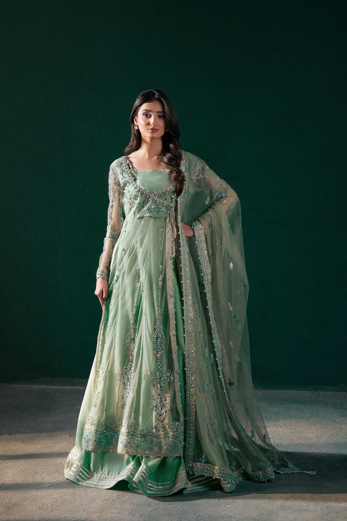 Malook | Rashq e Qamar | Feroza-Brand:Malook-Type:Ladies Clothes-Mint Green-Net-House of Maryam- Buy in UK, USA