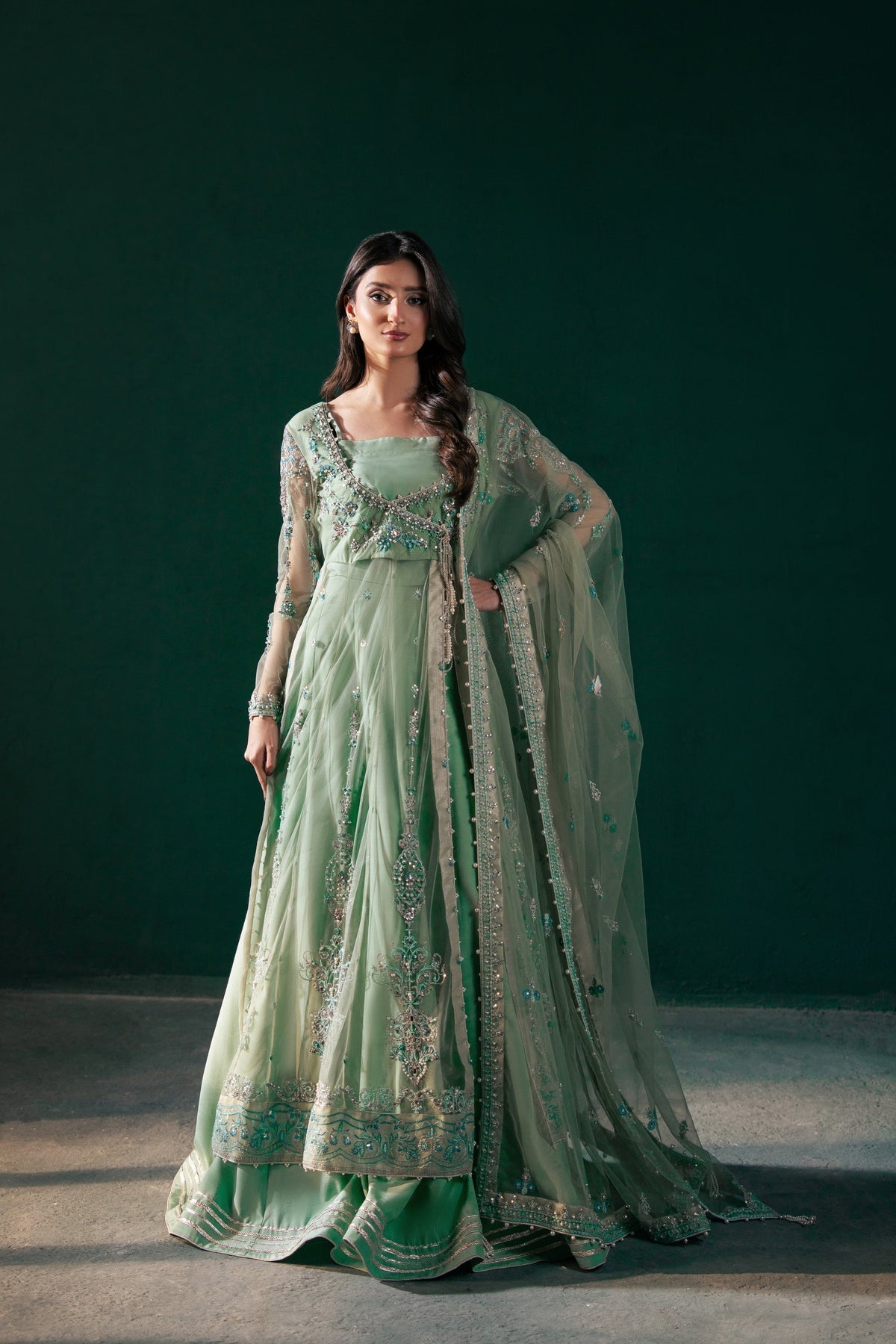 Malook | Rashq e Qamar | Feroza-Brand:Malook-Type:Ladies Clothes-Mint Green-Net-House of Maryam- Buy in UK, USA