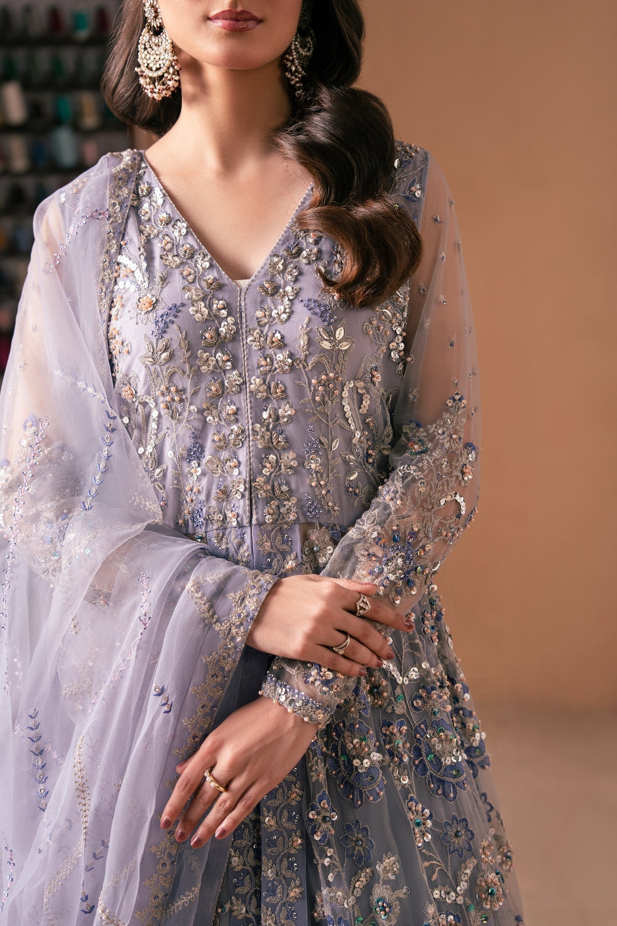 Malook | Rashq e Qamar | Gul-Brand:Malook-Type:Ladies Clothes-Lilac Gray-Net-House of Maryam- Buy in UK, USA