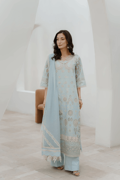 Manara | Eid Pret Collection 26 | DAFFODIL-Brand:Manara-Type:Ladies Clothes-Sky Blue-Schiffli-House of Maryam- Buy in UK, USA