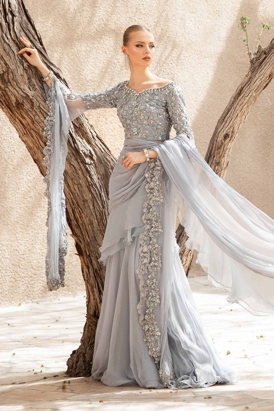 Maria B | Bridal Formals | Freya-Brand:Maria B-Type:Ladies Clothes-Gray-Pure Chiffon-House of Maryam- Buy in UK, USA